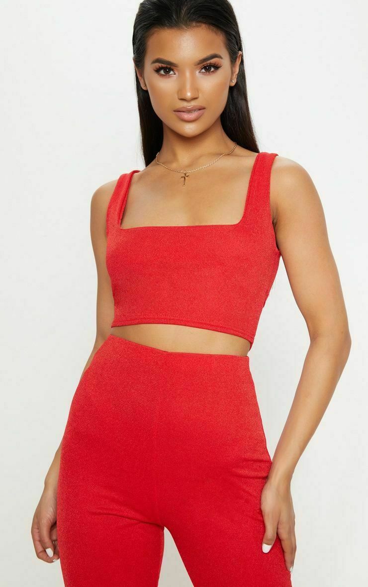 NEW Womens Red Slinky Square Neck Sleeveless Crop Top Size 8 10 Bra bralet  Yoga | eBay