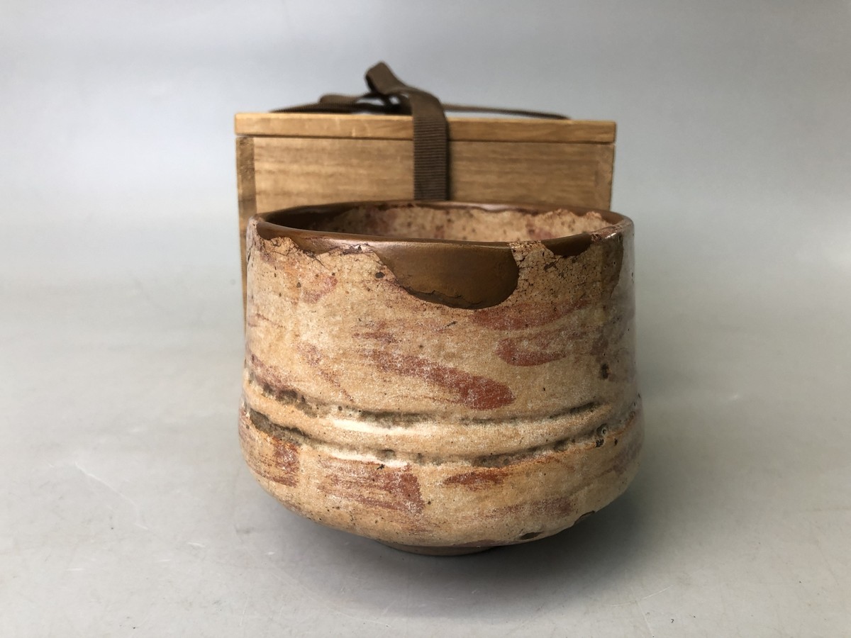 Y7529 CHAWAN Raku-ware red tube signed box kintsugi Japan antique