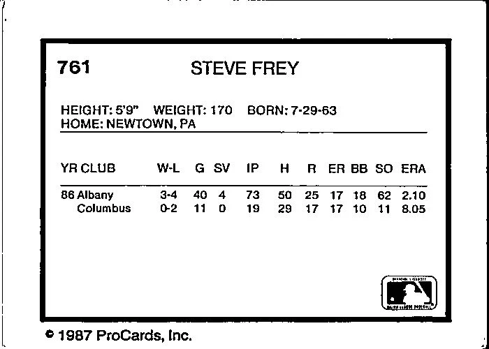 Steve Frey 1987 ProCards #761 Albany-Colonie Yankees - Image 2 of 2