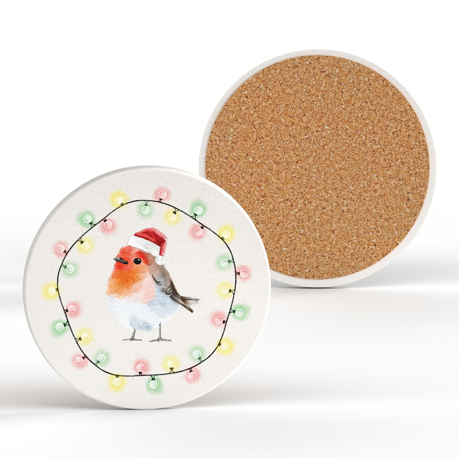 Wreath Of Fairy Lights Christmas Rockin' Robins Christmas Ceramic Round Coaster