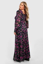 Boohoo Black And Pink Floral Print Square Neck Dress Size 54