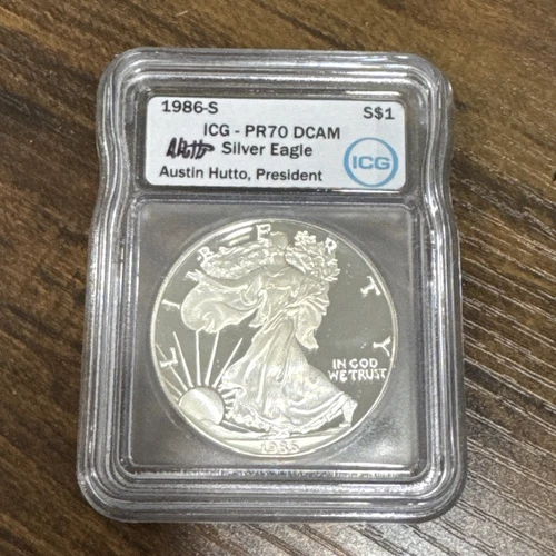 1986-S $1 American Silver Eagle ICG Proof PR70 DCAM AUSTIN HUTTO Signed