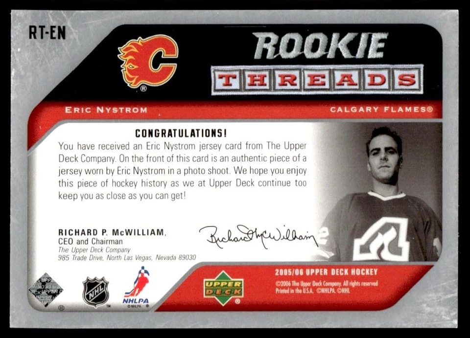 2005-06 Upper Deck Rookie Threads Eric Nystrom Calgary Flames #RT-EN - Image 2 of 2