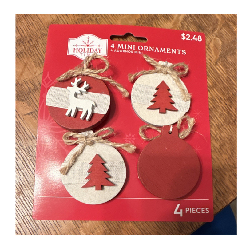 Holiday Time 4 Mini Wood Ornaments Red White Reindeer Christmas Tree Hanging