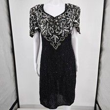 Vintage 1990s Laurence Kazar New York Silk Beaded Sequin Cocktail Dress M