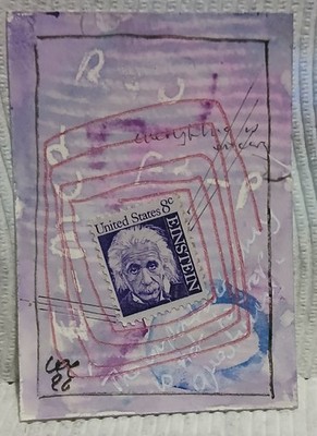 Giftable Collectible Abstract OOAK Postal Whimsy ACEO Einstein 8¢ Stamp Watercol