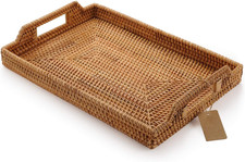 Hand-Woven Rattan Rectangular Serving Tray with Handles for Breakfast, Drinks, S