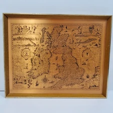 VTG Coppercraft Copper Etching Map of Great Britain Ireland Framed Mid-Century