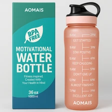 AOMAIS 36 OZ MOTIVATIONAL SPORTS WATER BOTTLE WITH TIME CAPACITY MARKER BPA FREE
