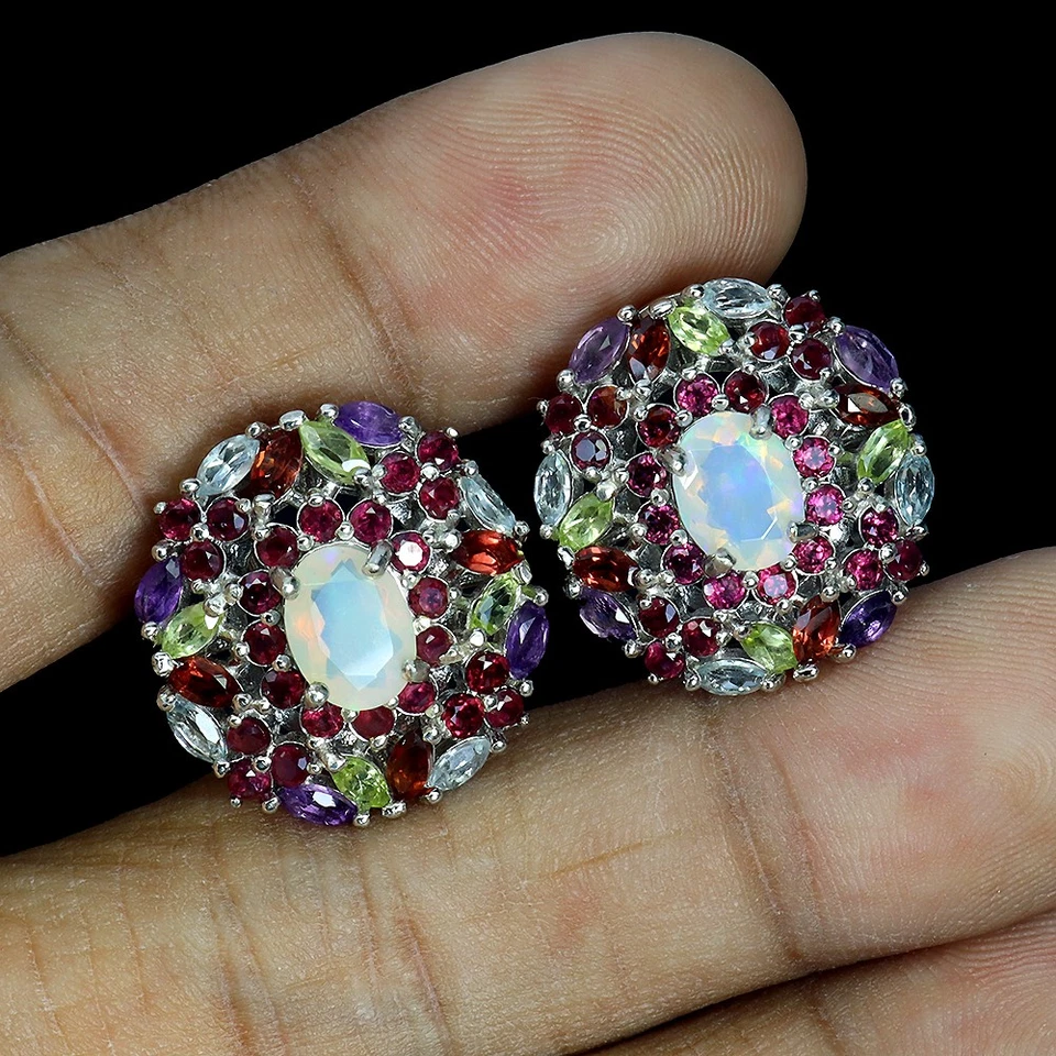 925 Sterlingsilber Ohrringe Oval Feuer Opal Amethyst Peridot No USA Einfuhr Fees - Bild 2 von 4