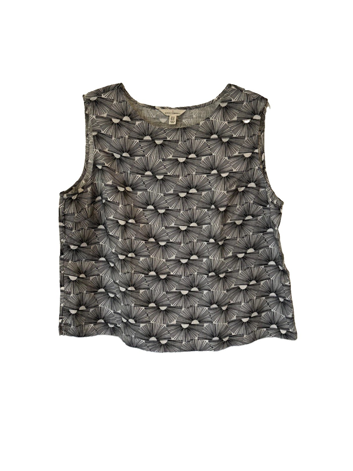 Seasalt Cornwall Tank Top Women Sz 14 Black White Linen Graphic Print Sleeveless