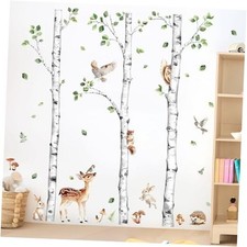 Large Birch Tree Wall Decals, Forest Animal Wall Stickers Deer H60.2" White