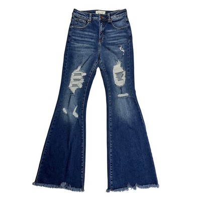 Risen Jeans Womens Distressed High Rise Flare Leg Raw Hem Denim Blue Size 7/28
