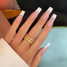 Hkanlre Square Long Press on Nails French Fake Nails Nude Full Cover Xl style 2