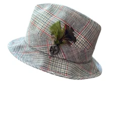 Vintage 50/60’s Fedora Hat Blue Plaid Mens Size 7 1/4 Preppy Feathers Summer