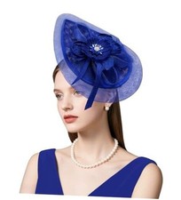 Womens Church Fascinator Hat,20s 50s Linen Vintage Hat for Royal Blue