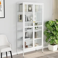 Display Cabinet White Steel, Tempered Glass Large Display Cabinet