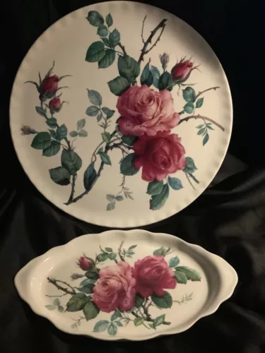 Roy Kirkham English Rose Platters Cake 12” /5,75” Mint Fine Bone China Lot 2