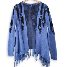 Y2K Open Cardigan Angora Sweater Star Print Stars Blue Womens Medium M Grunge