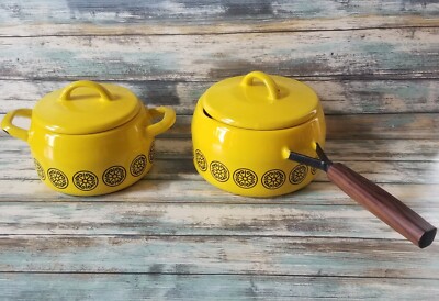 Vintage Asta Enamel Ware Pans Lid Fissler Mid Century Modern Yellow Medallions 