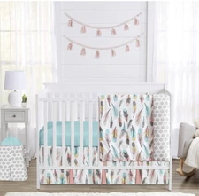 Sweet Jojo Designs Crib Set - In Turquoise and Coral Feather With Hamper & Cover