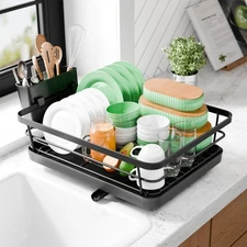 Dish Drying Rack - Compact Dish Rack with Utensil Holder & Adjustable Water O...