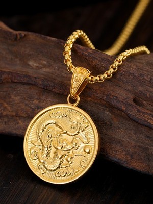 Retro Titanium Steel Jewelry - Round Silver Tone Dragon Pendant
