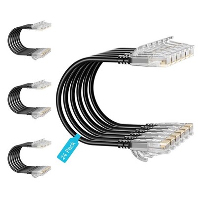 Cat6 Slim Patch Cables 3ft 24Pack Black, Cat6a 10Gbps 550MHz Ethernet Cable