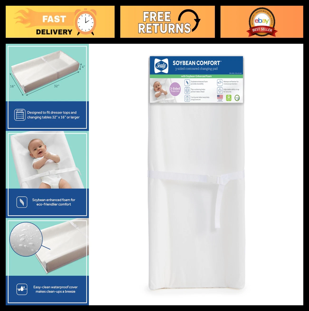 Waterproof Diaper Changing Pad - Contoured 3-Sided, Easy Clean, 32x16" Foam