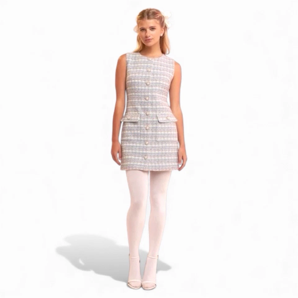 Английский заводской синий твид мини-платье жемчуг кнопки металлический без рукавов XS новый - Изображение 3 из 4