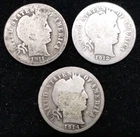 Lot Of 3 Barber Dimes 1911 1912 1914 90% Silver