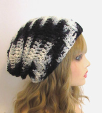 SLOUCHY BEANIE HAT CAP BLACK GRAY WHITE MIX TEXTURED EDGE HANDMADE CROCHET
