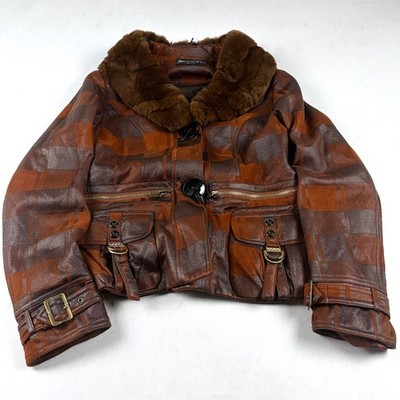 Vintage Patchwork Leather Jacket Fur Collar Buckle Cargo Pocket Y2K