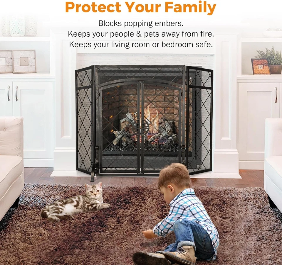 Tela de lareira 50 X 32 em bronze com porta, 3 painéis dobráveis decorativos Flat Co - Imagem 3 de 4