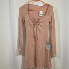 NWT LUSH Rose Pink Front Tie Ribbed Knit Long Sleeve sweater Dress Small