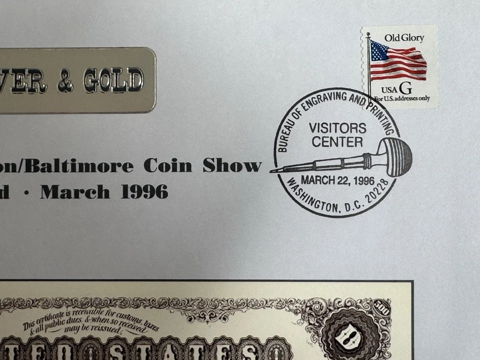 THE ERA OF SILVER & GOLD "SILVER CERTIFICATE" $500 SOUVENIR CARD MARCH 1996 LOOK - Image 3 of 4