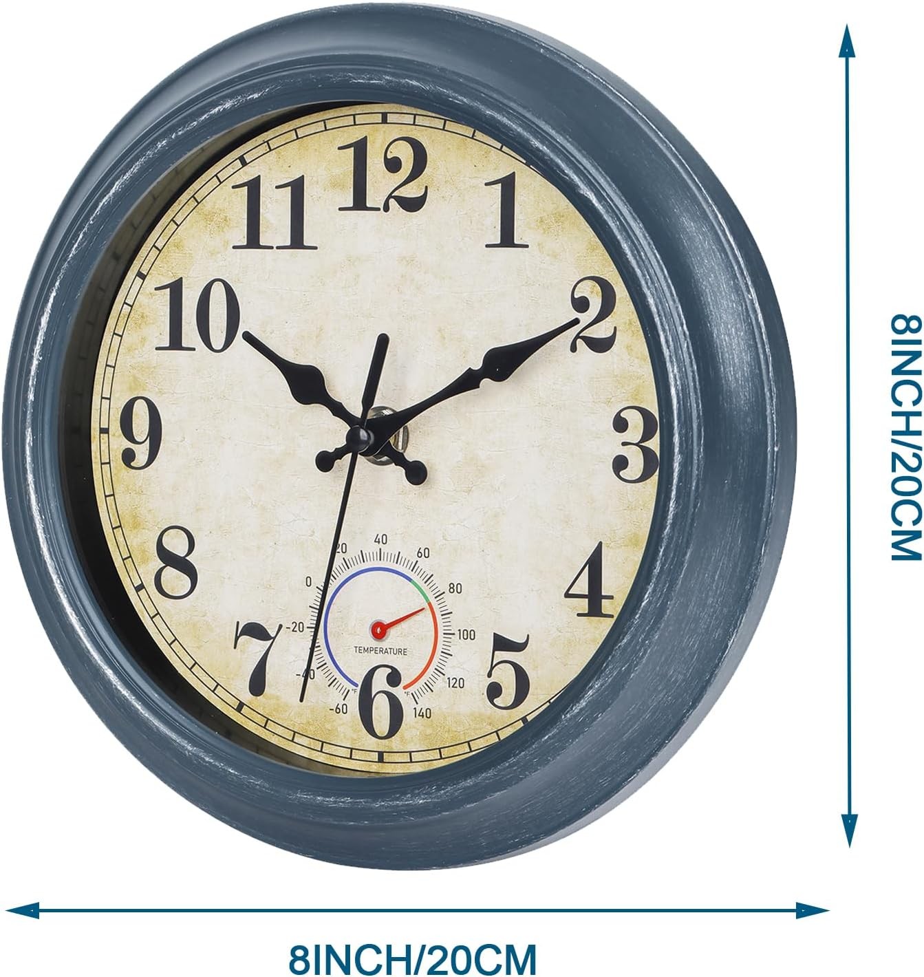 Outdoor Clocks Waterproof with Thermometer Combo Rustic Coastal - (8 Inch,Blue)