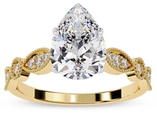 1.15 Ct Pear & Round Lab Grown Diamond Beaded Solitaire Engagement Ring 14K Gold