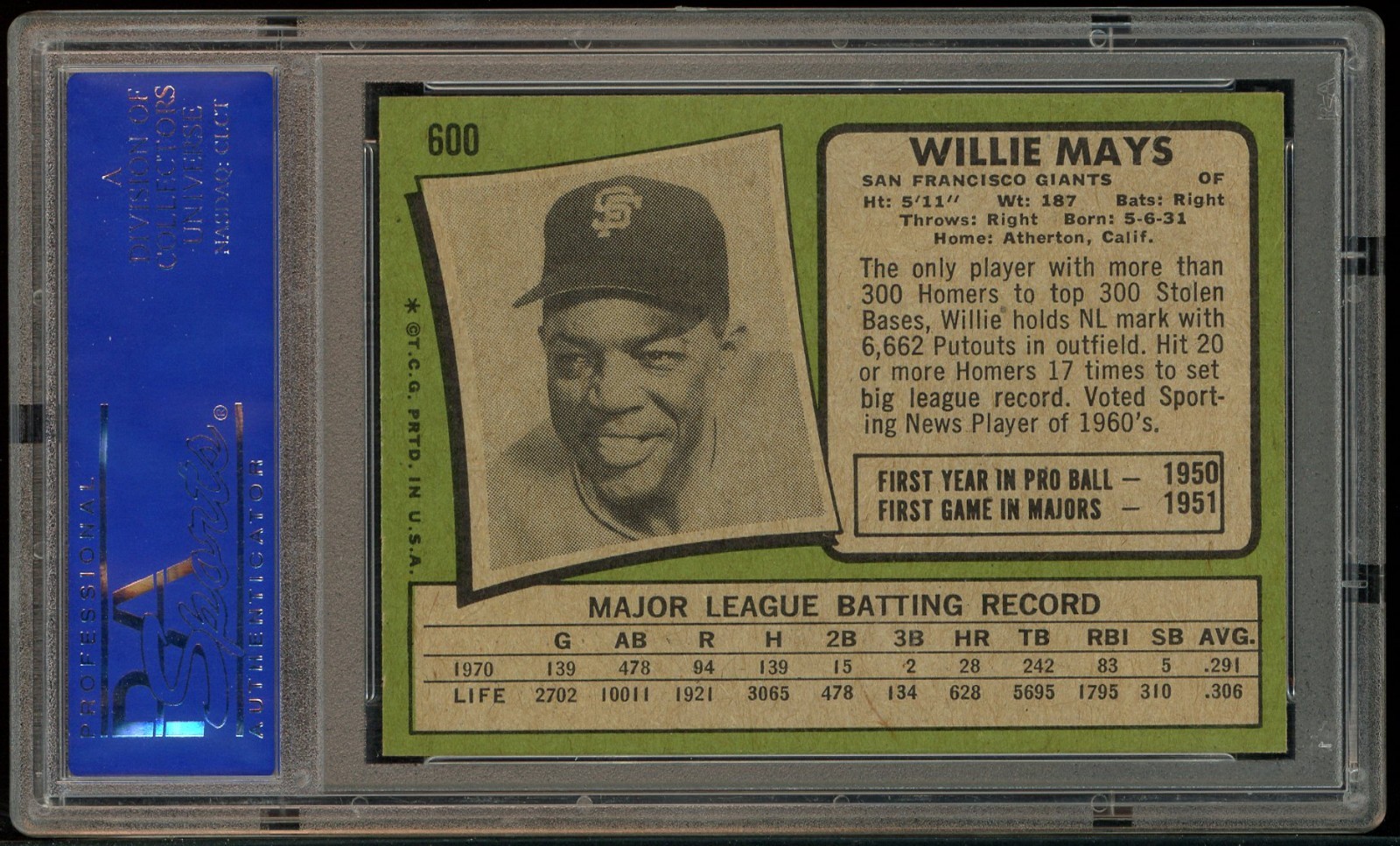1971 Topps #600 Willie Mays San Francisco Giants HOF PSA 8 " NICELY CENTERED " view 2