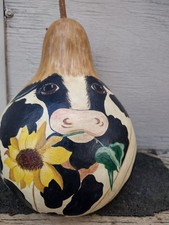 Folk Art Painted Gourd Of Cow Chewing Sunflower made in Savannah, GA