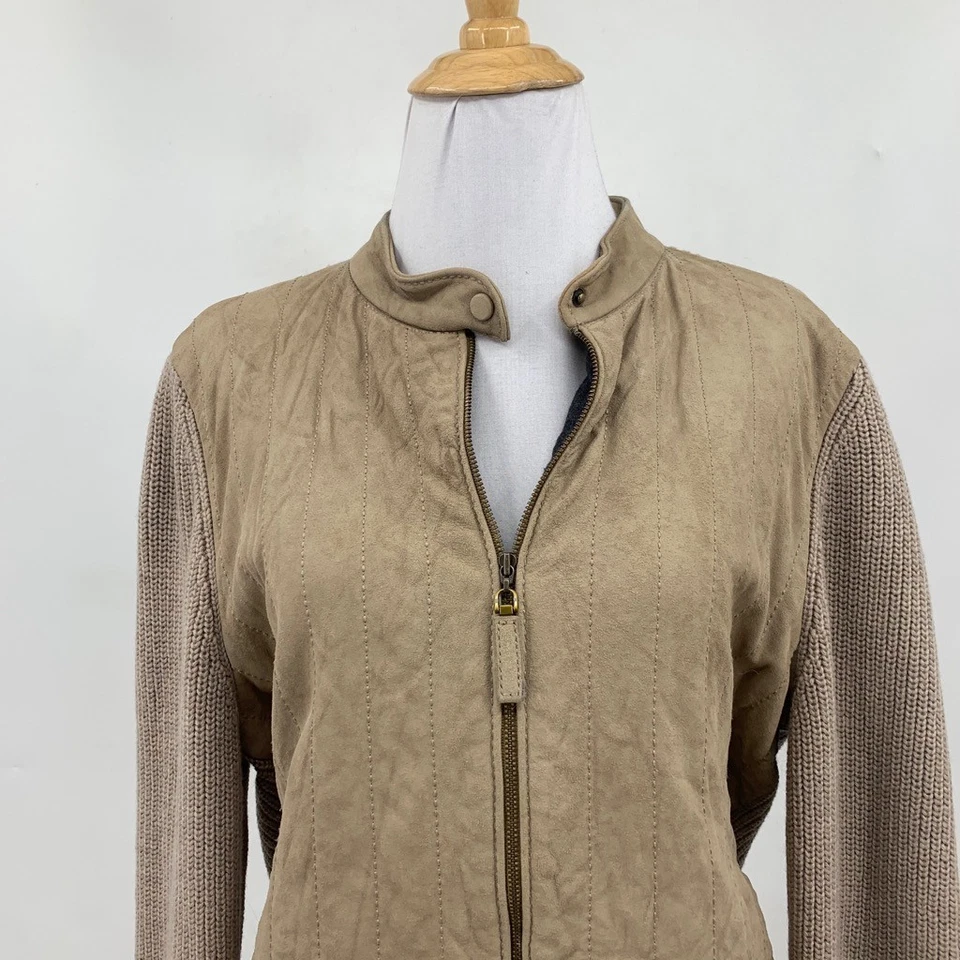 Chaqueta Tory Burch Mujer XL Extra Grande Piedra Lana Merino Cuero Gamuza Acanalada Foto 3 de 4