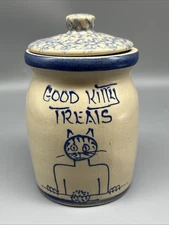 Vintage BBP Beaumont Brothers Pottery Good Kitty Treats Salt Glaze Crock W/ Lid