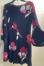 Ralph Lauren womens dress 6 Navy Blue w Hot Pink Flowers Flutter Sleeves Lined