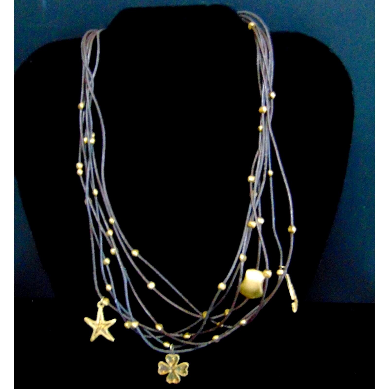 VTG 7-Strand Leather Necklace with Brass Beads Sterling Gold Charms Clover Star Nugget