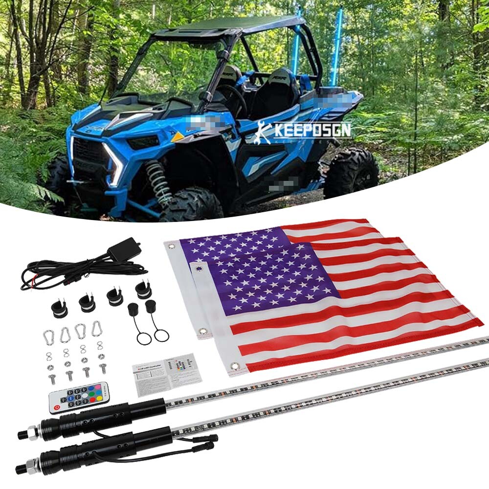 Pair 4ft RGB Spiral LED Whip Lights Antenna For Suzuki King Quad