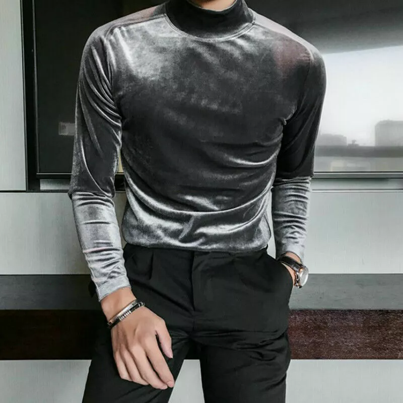 Men Velvet Shirt Top Blosue T-shirts Turtle Neck Pullover Casual Retro Shiny