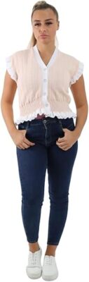 Damen Kontrast Crop Stitch Strick Cardigan Damen Rüschenbesatz Flügelärmel Oberteil