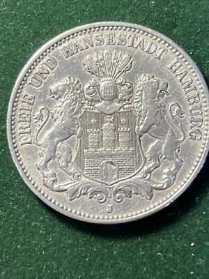 GERMANY , HAMBURG 1909J Silver  . 835 Coin 3 MARKs 