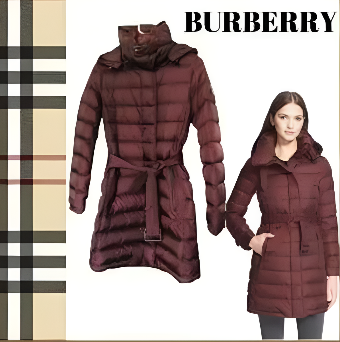 BURBERRY BRIT WINTERLEIGH BORDEAUX BURGUNDY DOWN PUFFER MID LENGTH