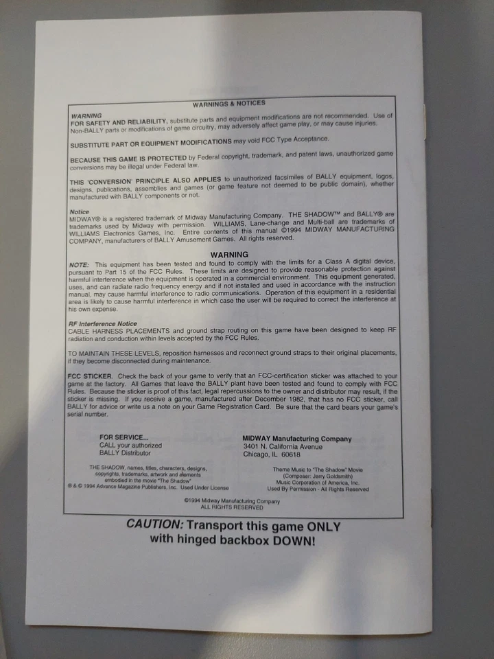 Bally The Shadow Pinball Operators Handbook. 1994 - Image 4 of 4